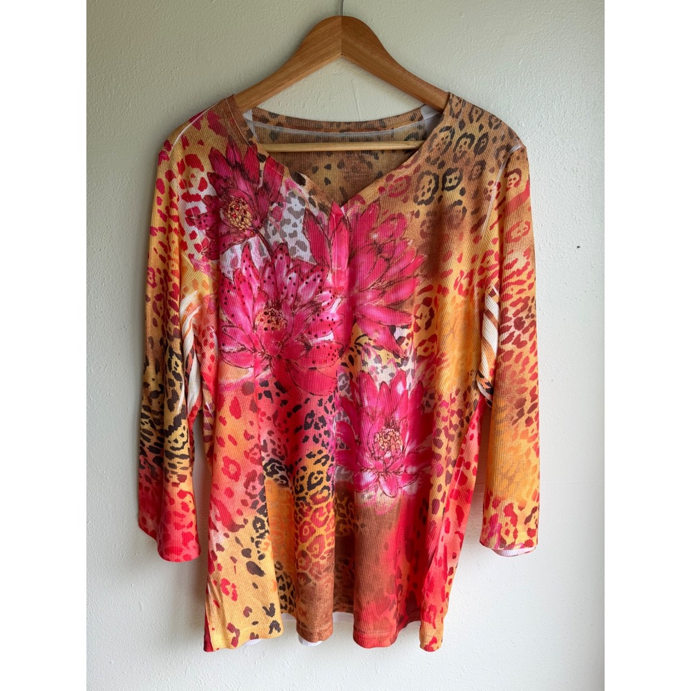 Jane Ashley Womens 2X Floral Leopard Print V-Neck Ribbed Knit 3/4 Sleeve Top